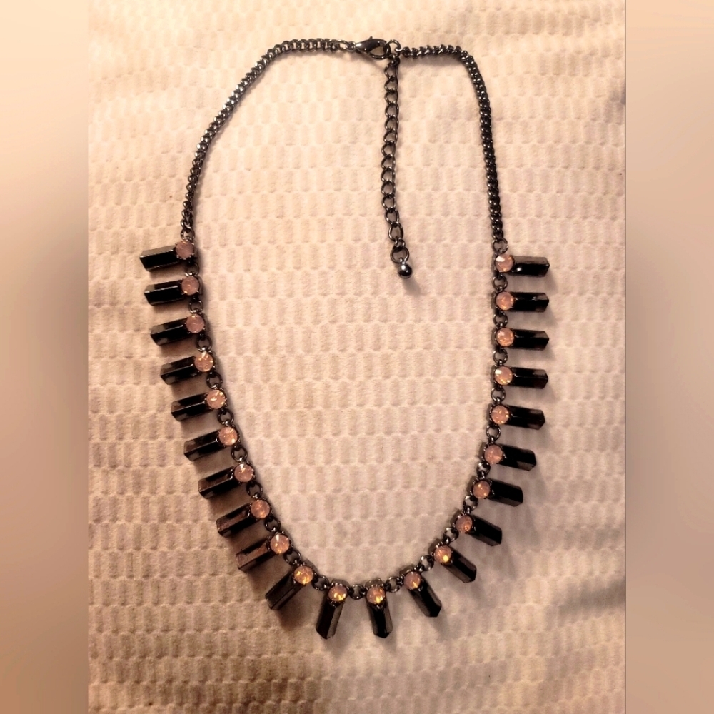 Peach Rhinestone Statement Necklace With Charcoal Metal Accents